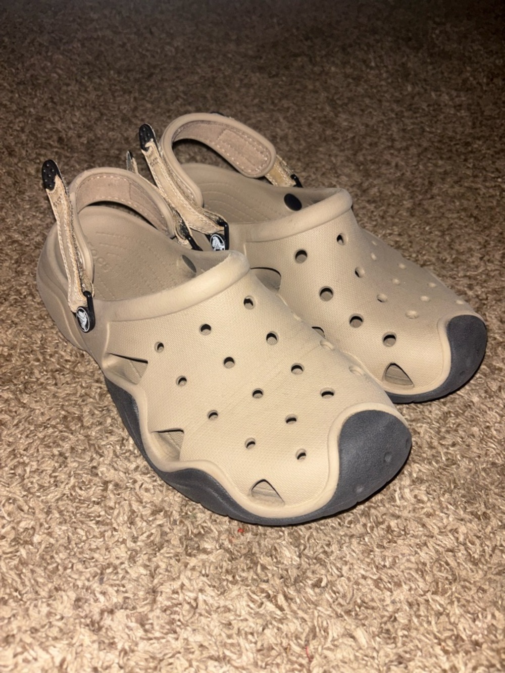 CROCS Beige and Black Classic Slip-On Clogs with Heel Strap